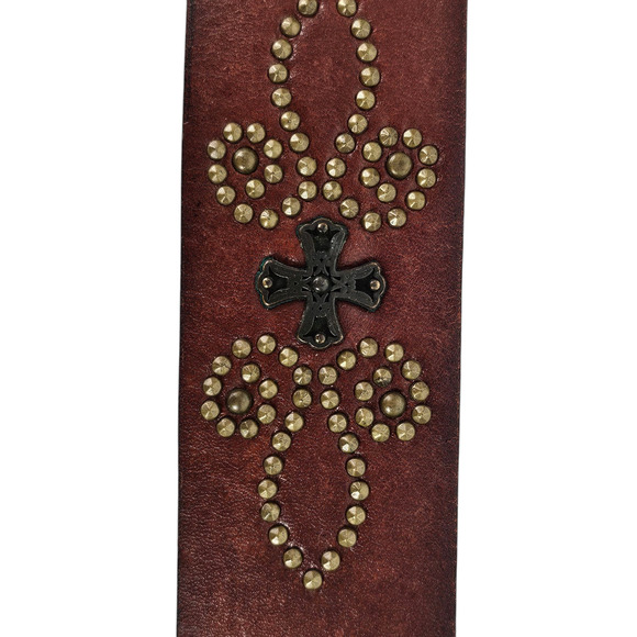 Fossil brown leather belt brass buckle studs size Large - Picture 3 of 9